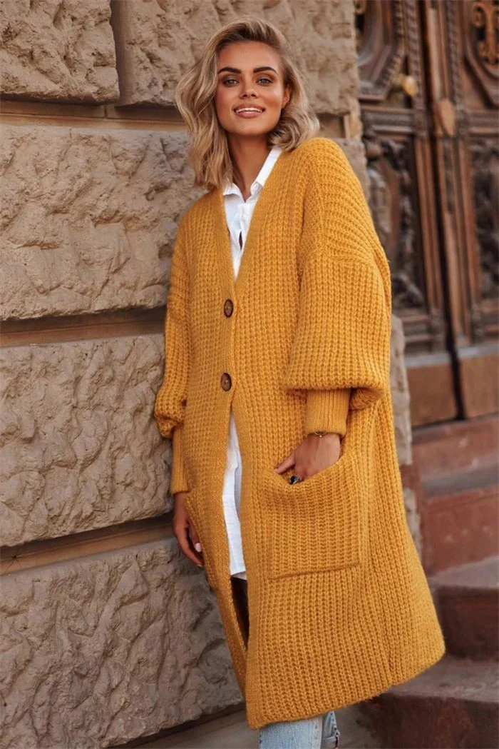 Women's Knitted Jacket – Oversized Fit – Wool – Long Model – Button Closure – Pockets - Image 2