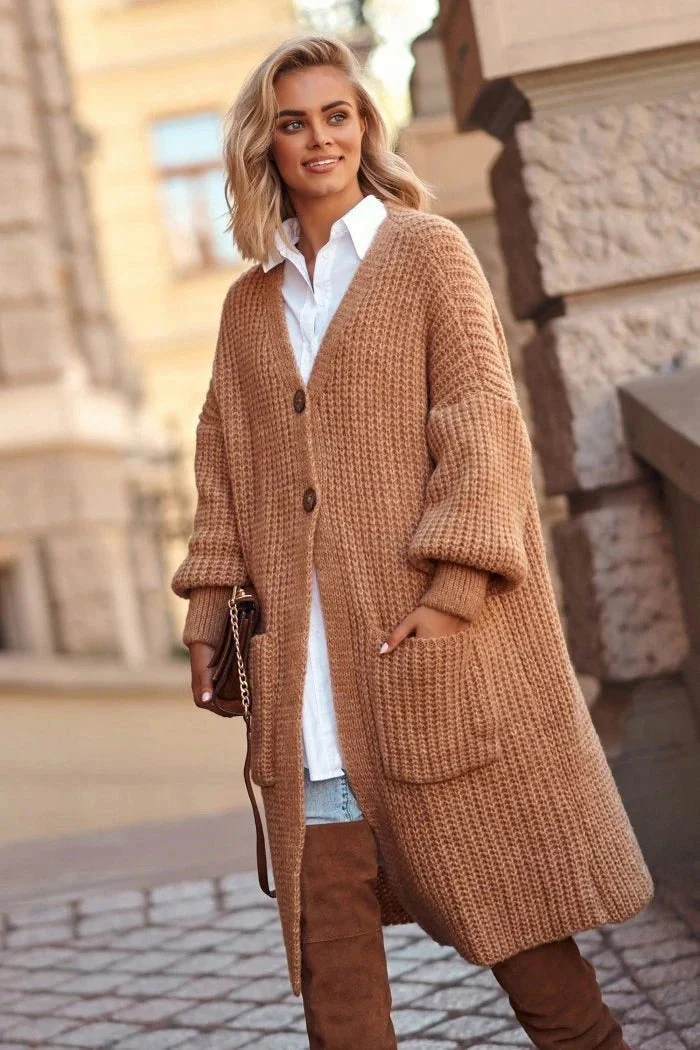 Women's Knitted Jacket – Oversized Fit – Wool – Long Model – Button Closure – Pockets - Image 3