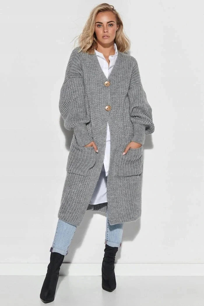 Women's Knitted Jacket – Oversized Fit – Wool – Long Model – Button Closure – Pockets - Image 4