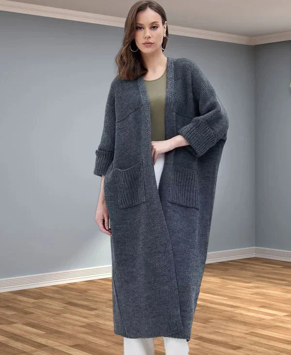 Women's Knitted Jacket – Oversized Fit – Wool Look – V-neck – Open Model With Pockets - Image 2