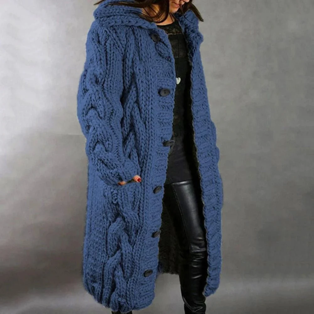 Women's Knitted Coat – Oversized Fit – Wool Mix – Cable Pattern – Long Model – Hood - Image 2
