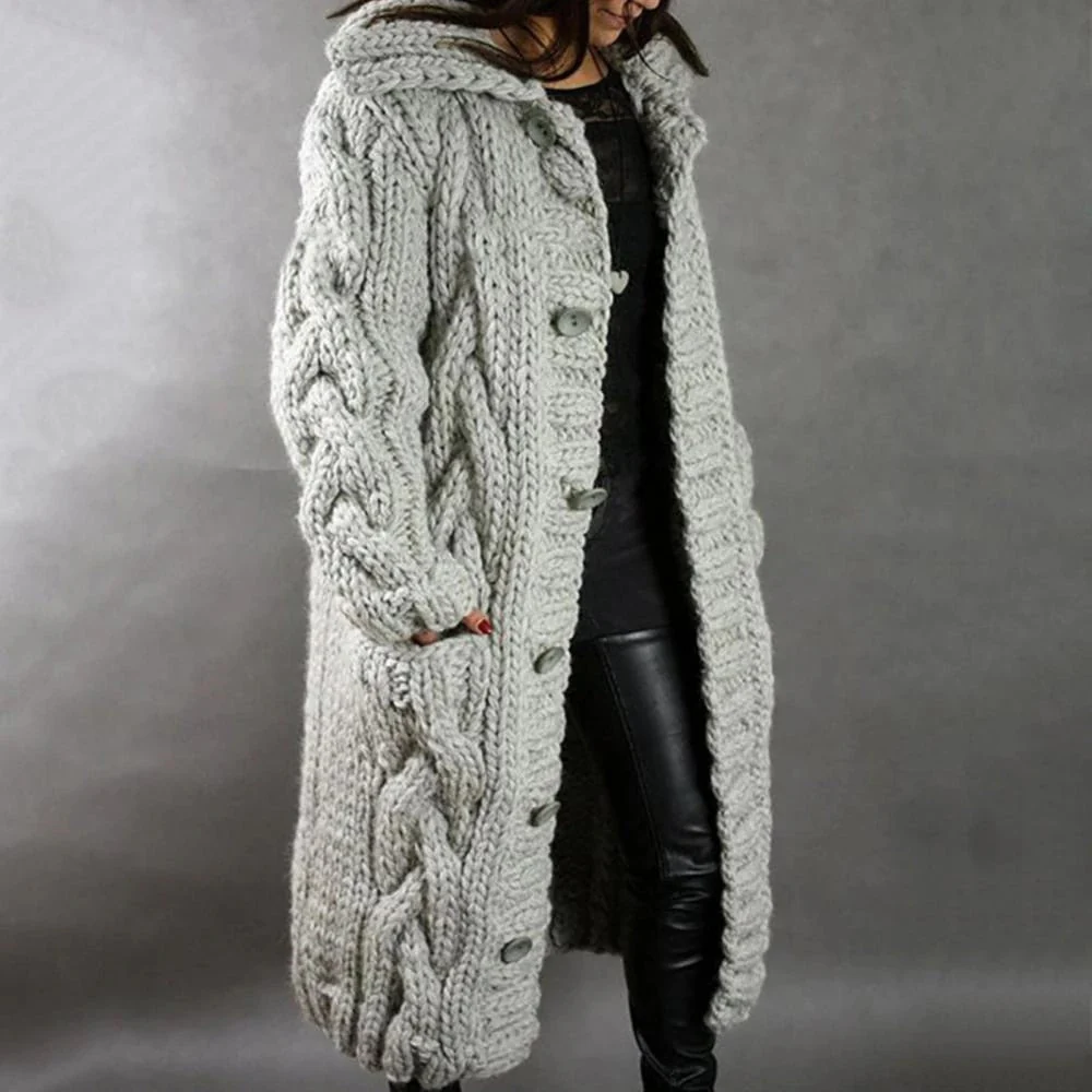 Women's Knitted Coat – Oversized Fit – Wool Mix – Cable Pattern – Long Model – Hood - Image 3
