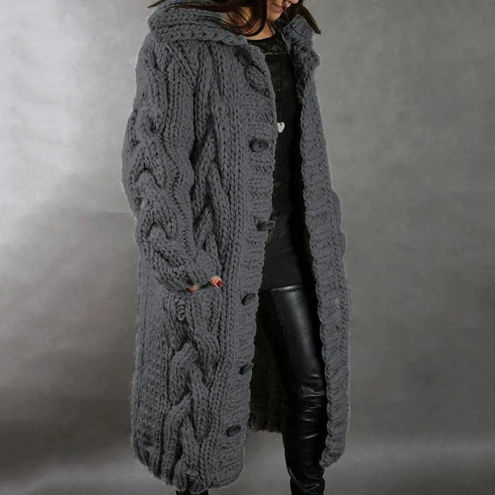 Women's Knitted Coat – Oversized Fit – Wool Mix – Cable Pattern – Long Model – Hood - Image 4
