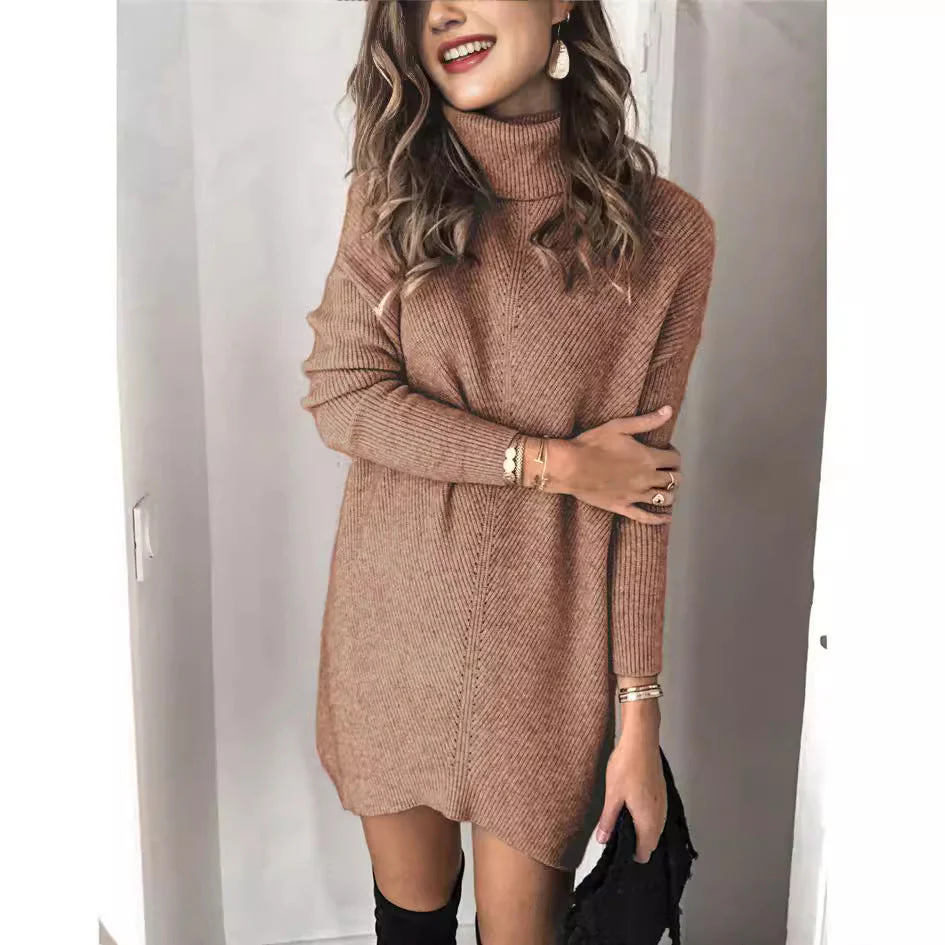Women's Knitted Dress – Ribbed Texture – High Neck – Long Sleeve – Relaxed Fit - Image 2