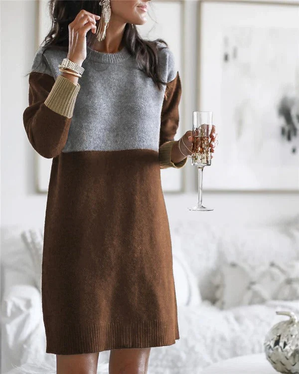 Women's Knitted Dress – Wool Mix – Relaxed Fit – Long Sleeves – Colourblock Design - Image 2