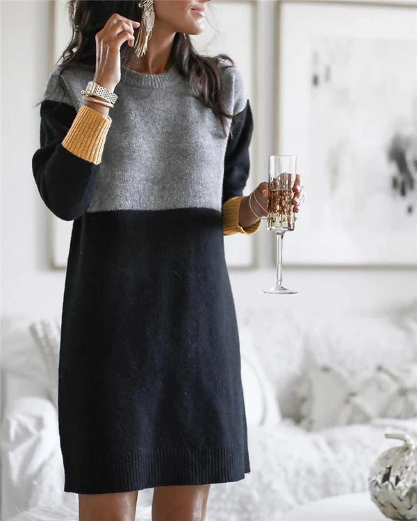 Women's Knitted Dress – Wool Mix – Relaxed Fit – Long Sleeves – Colourblock Design - Image 3