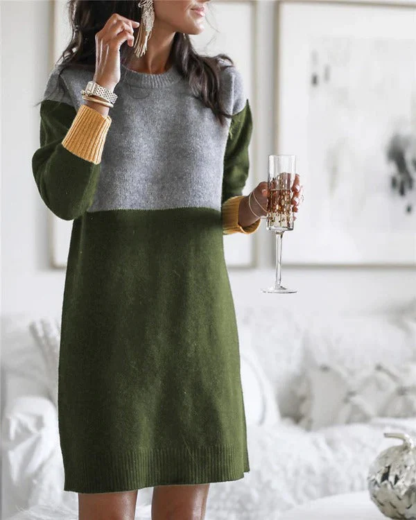 Women's Knitted Dress – Wool Mix – Relaxed Fit – Long Sleeves – Colourblock Design - Image 4