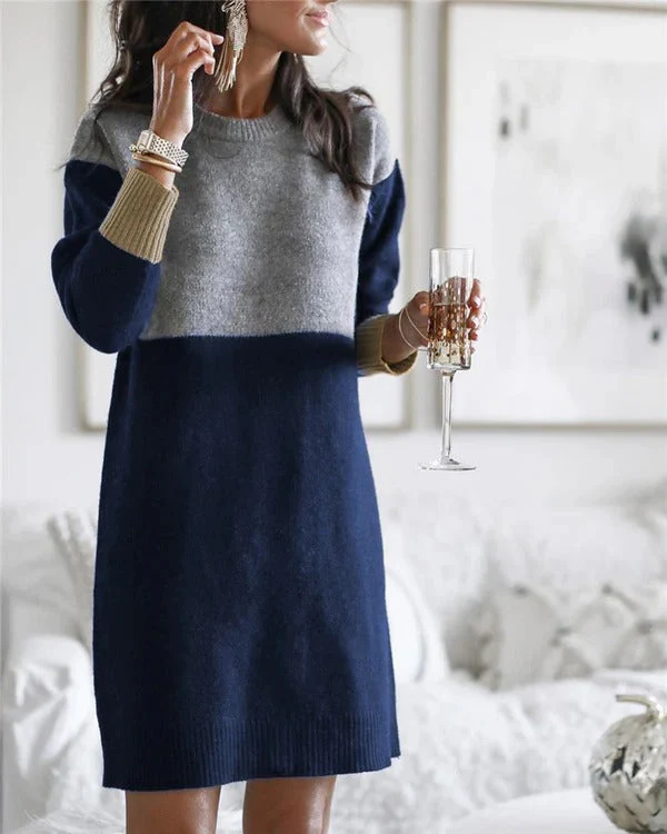 Women's Knitted Dress – Wool Mix – Relaxed Fit – Long Sleeves – Colourblock Design - Image 5