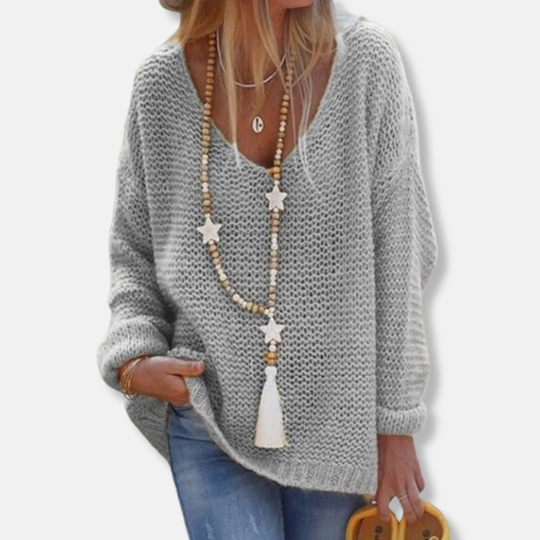 Women's Knitted Top – Oversized Fit – V-neck – Long Sleeves – Soft Texture - Image 3