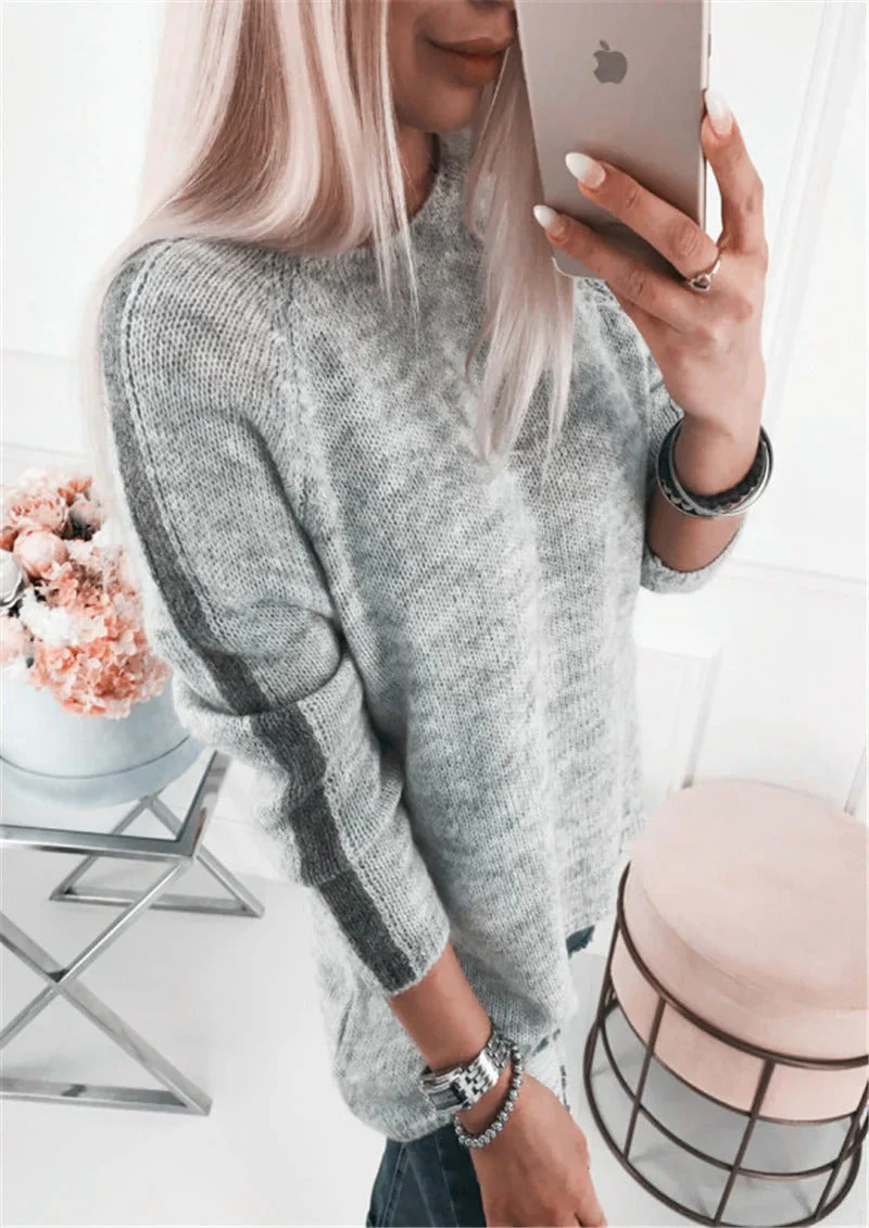 Women's Knitted Sweater – Loose Fit – Striped Sleeves – Soft Cotton Blend - Image 2