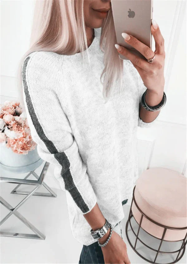 Women's Knitted Sweater – Loose Fit – Striped Sleeves – Soft Cotton Blend - Image 3