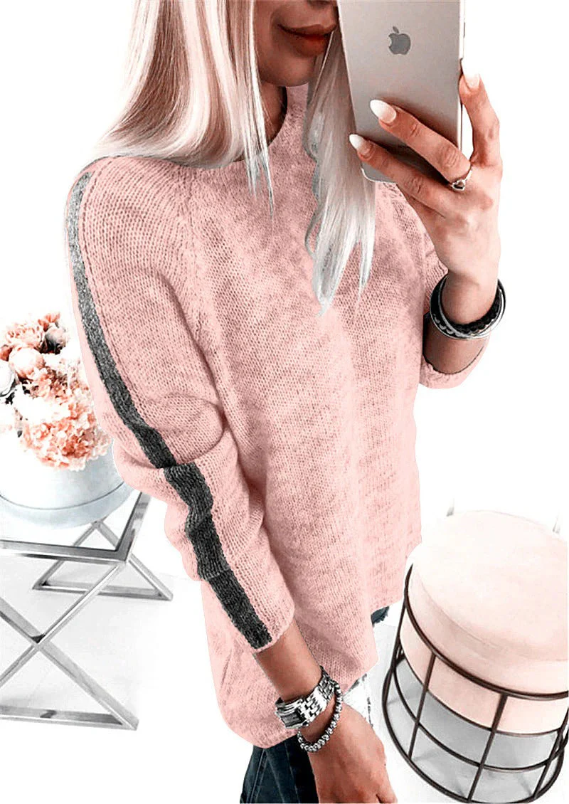 Women's Knitted Sweater – Loose Fit – Striped Sleeves – Soft Cotton Blend - Image 4