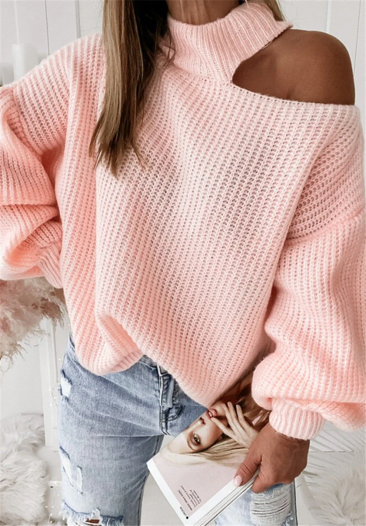 Women's Knitted Sweater – Oversized Fit – Open Shoulder – High-Neck Ribbed Design - Image 2