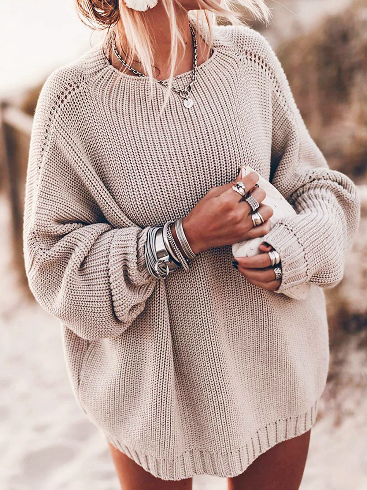 Women's Knitted Sweater – Oversized Fit – Open Weave – Long Sleeves – Side Split - Image 2