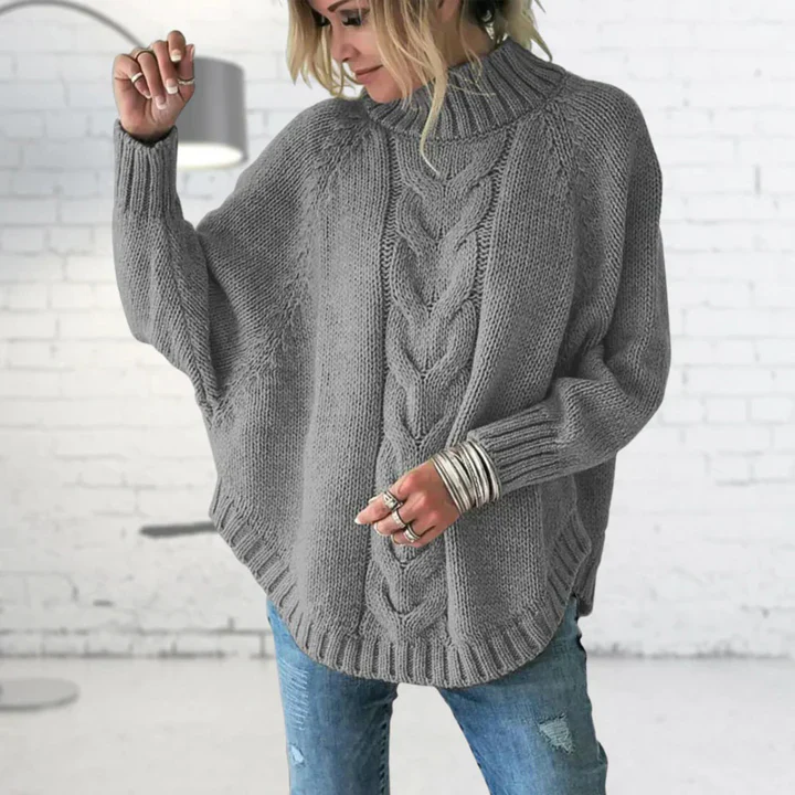 Women's Knitted Sweater – Oversized Fit – Wool Mix – Turtleneck with Cable Pattern - Image 2