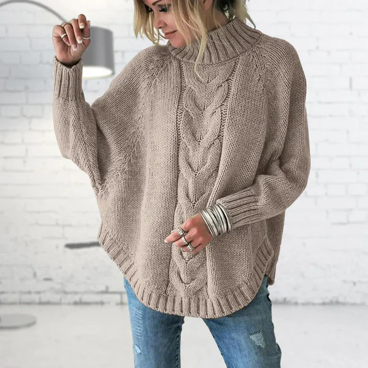 Women's Knitted Sweater – Oversized Fit – Wool Mix – Turtleneck with Cable Pattern - Image 3