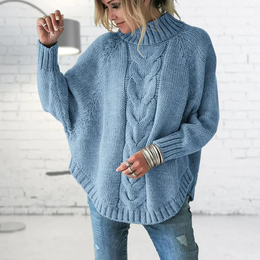 Women's Knitted Sweater – Oversized Fit – Wool Mix – Turtleneck with Cable Pattern - Image 4
