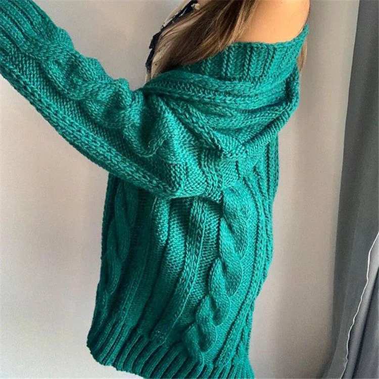 Women's Knitted Sweater – Oversized Fit – Wool Mix – Cable Pattern – V-neck – Long Sleeves - Image 3