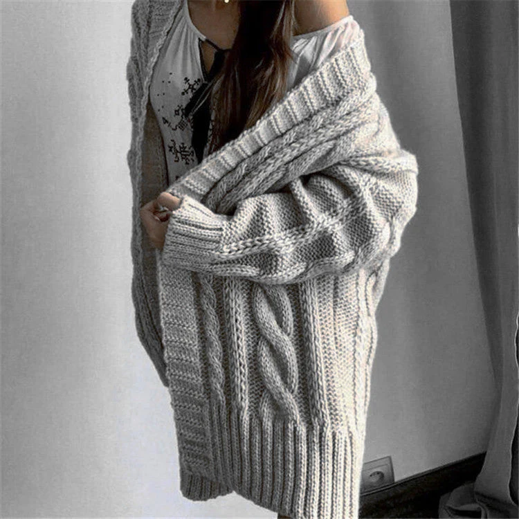 Women's Knitted Sweater – Oversized Fit – Wool Mix – Cable Pattern – V-neck – Long Sleeves - Image 6