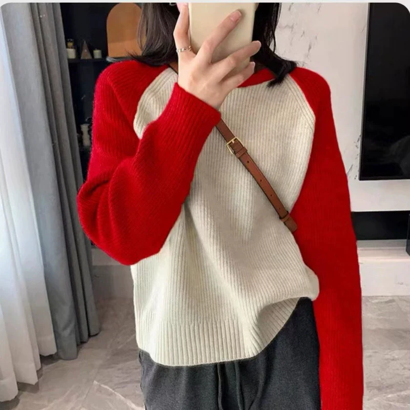 Women’s Knitted Sweater – Relaxed Fit – Colorblock Design – Raglan Long Sleeves - Image 4