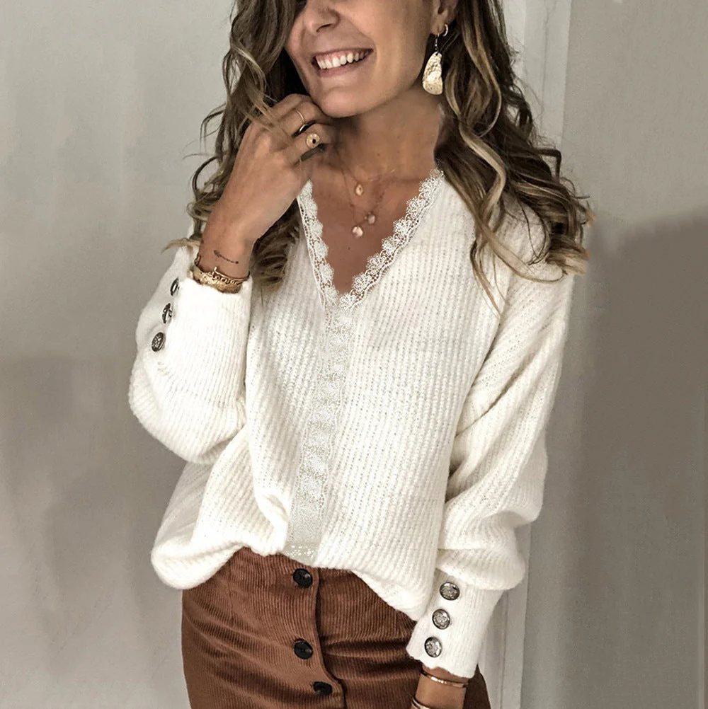 Women's Knitted Sweater – Relaxed Fit – V-Neck – Ribbed Texture – Button-Detail Sleeves - Image 7