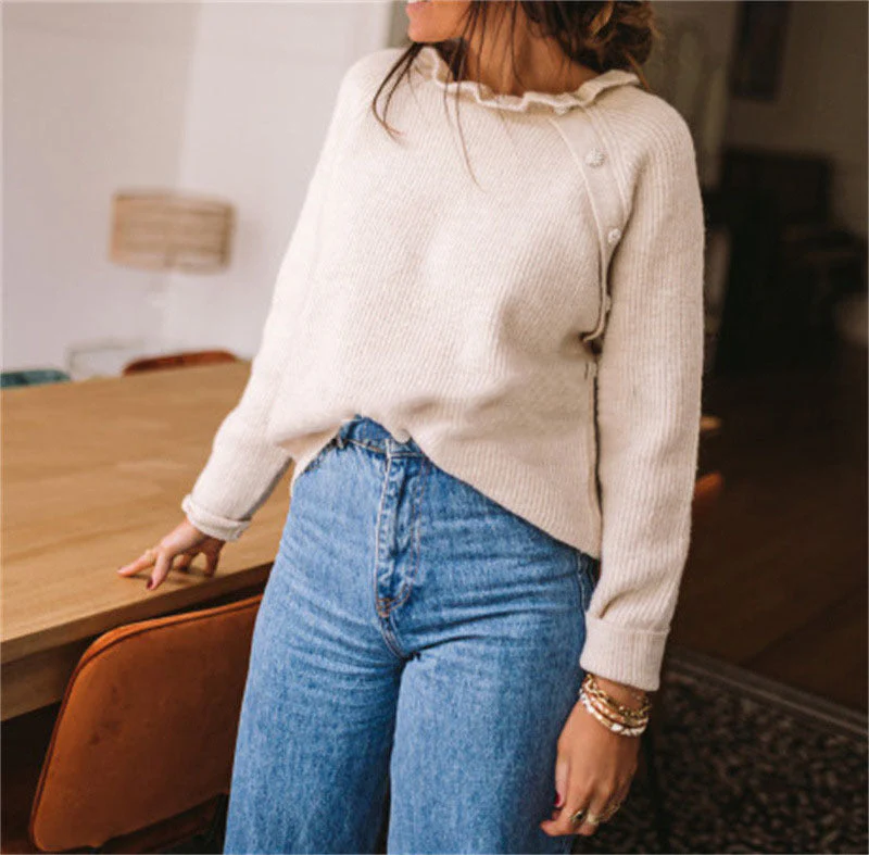 Women's Knitted Sweater – Wool Blend – Relaxed Fit – Ruffle Neck – Shoulder Buttons - Image 2
