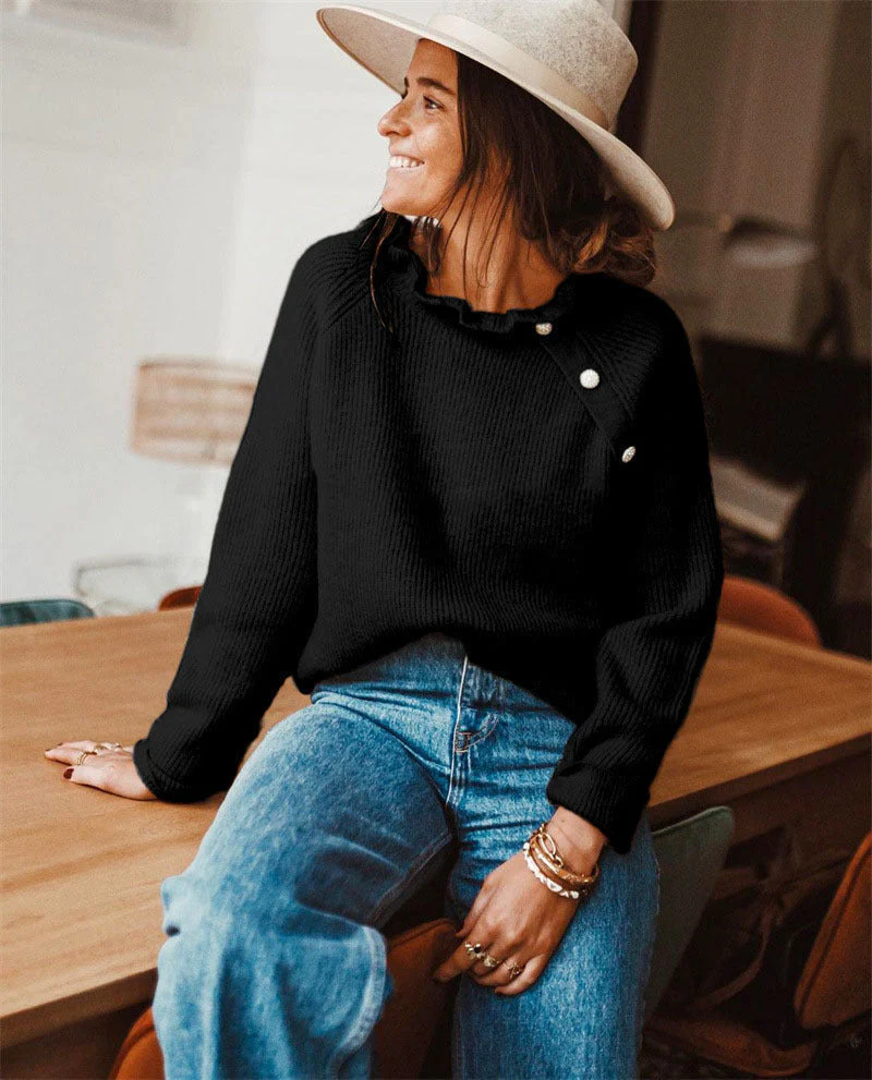 Women's Knitted Sweater – Wool Blend – Relaxed Fit – Ruffle Neck – Shoulder Buttons - Image 4