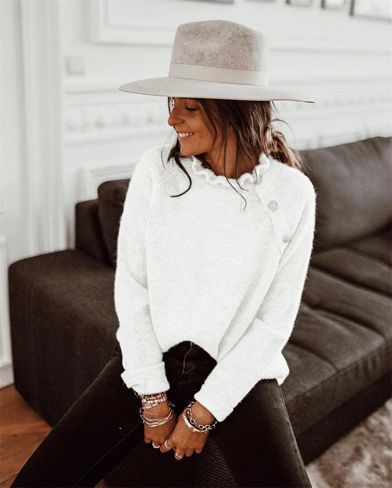 Women's Knitted Sweater – Wool Blend – Relaxed Fit – Ruffle Neck – Shoulder Buttons - Image 6