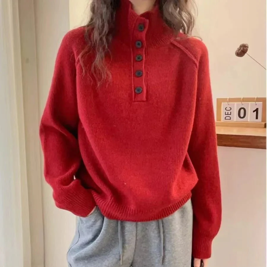 Women's Knitted Sweater – Wool Mix – Relaxed Fit – Stand-up Collar – Button Detail - Image 2