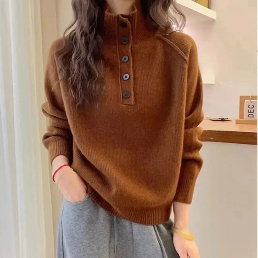 Women's Knitted Sweater – Wool Mix – Relaxed Fit – Stand-up Collar – Button Detail - Image 3