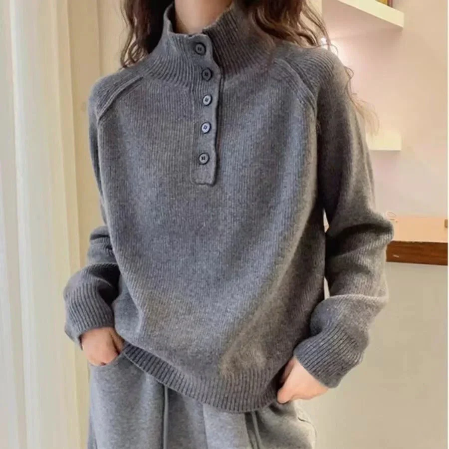 Women's Knitted Sweater – Wool Mix – Relaxed Fit – Stand-up Collar – Button Detail - Image 4