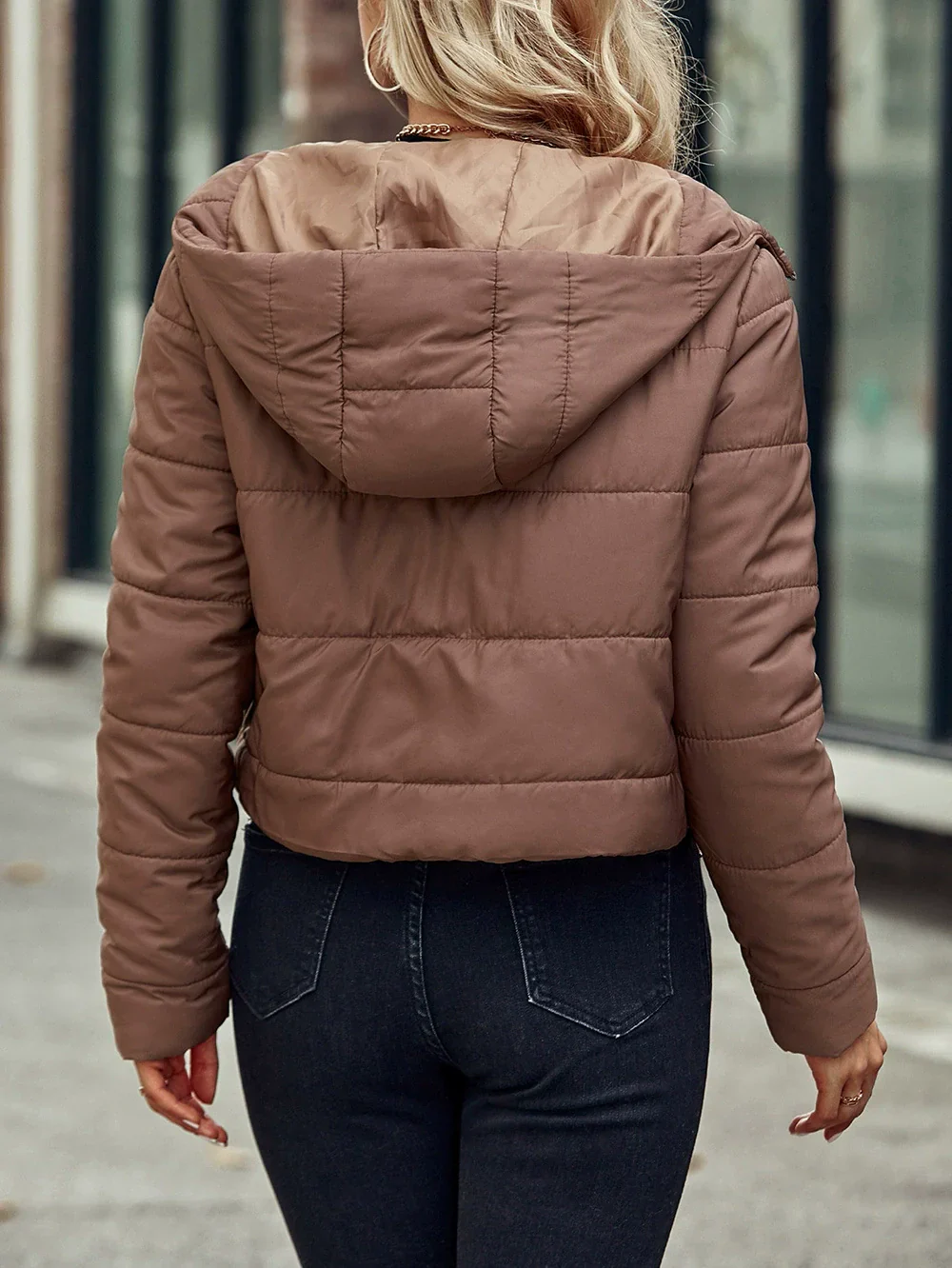 Women's Quilted Jacket – Cotton Blend – Hood – Zip Fastening – Cropped Fit - Image 4