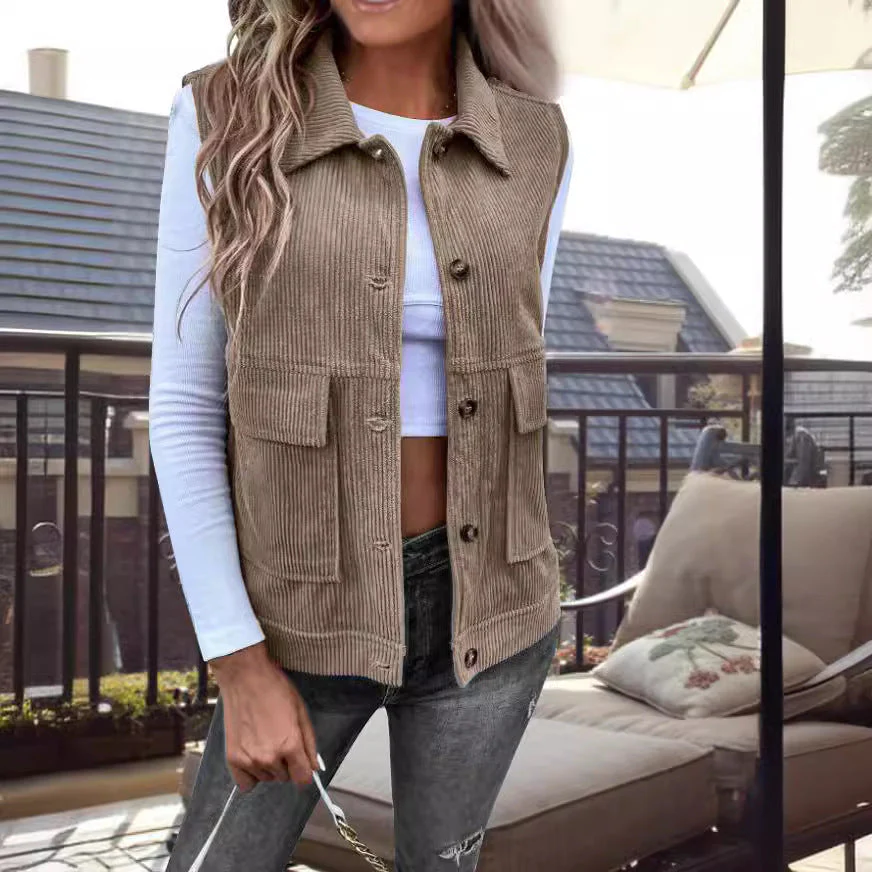 Women's Gilet – Corduroy – Relaxed Fit – Button Closure – Utility Pockets – Collar - Image 2