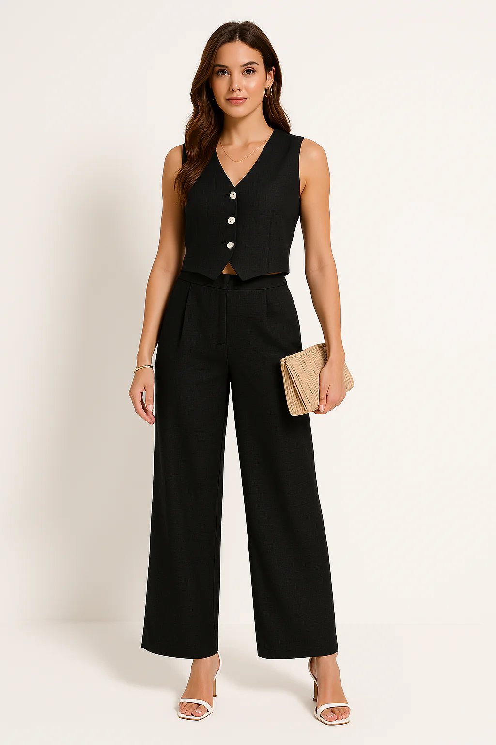 Ladies Vest – Slim Fit – Cropped Model – Sleeveless with Button Closure - Image 2