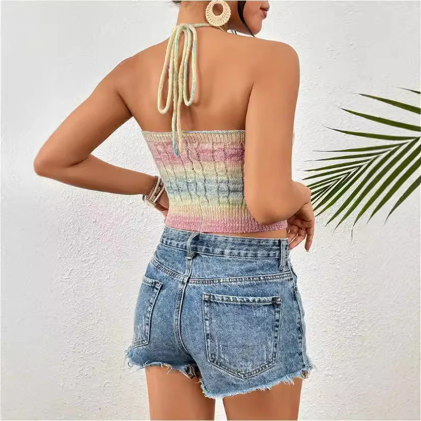 Ladies Halter Crop Top – Slim Fit – Cable Pattern – Soft Knit Fabric – Ribbed Hem - Image 2