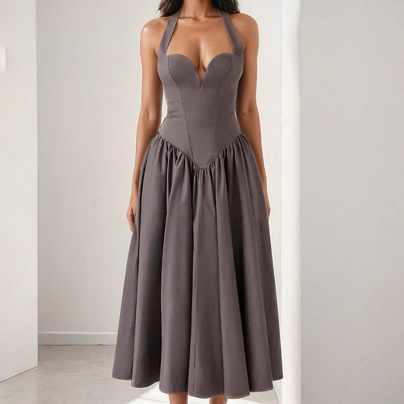 Ladies Halter Midi Dress – A-Line Fit – Satin Look – Open Back – Elegant Model - Image 2