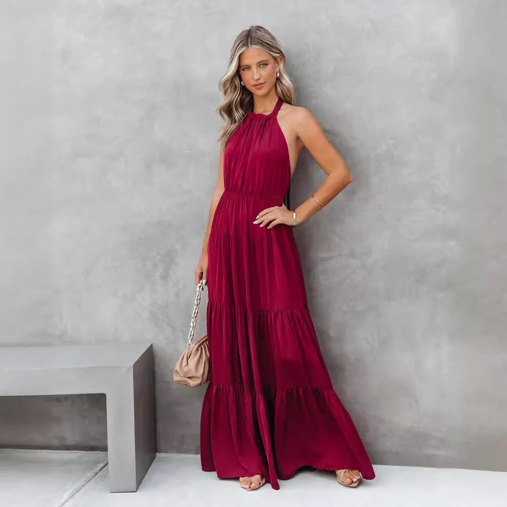 Women's Halter Dress – Breathable Fabric – Maxi Length – Layered Skirt – Waistband - Image 3