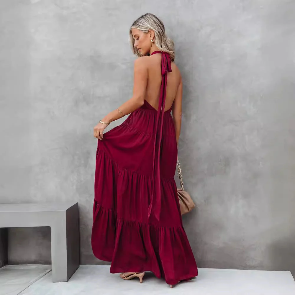 Women's Halter Dress – Breathable Fabric – Maxi Length – Layered Skirt – Waistband - Image 4