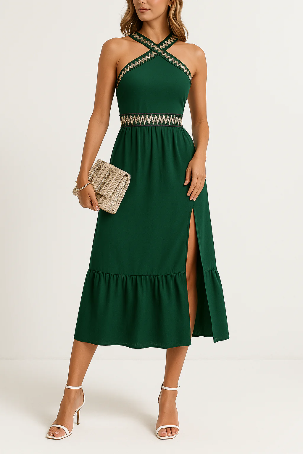 Women's Halter Dress – Figure-Hugging Model – Midi Length – High Split – Criss-Cross Neckline - Image 2