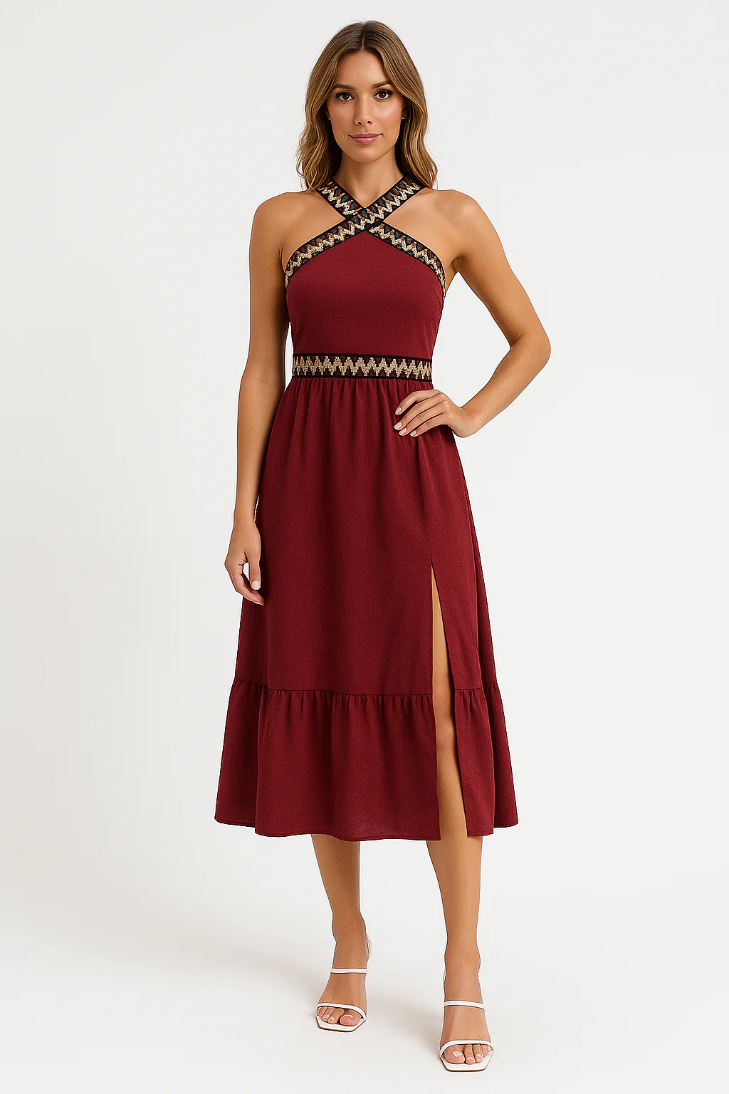 Women's Halter Dress – Figure-Hugging Model – Midi Length – High Split – Criss-Cross Neckline - Image 3