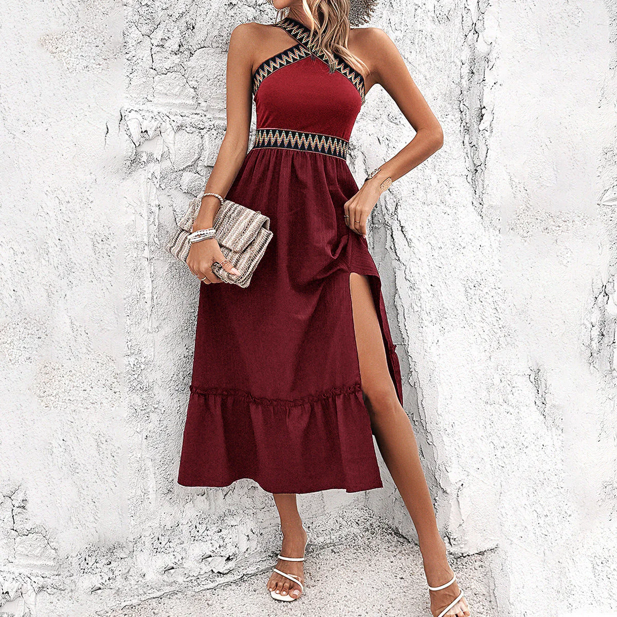 Women's Halter Dress – Figure-Hugging Model – Midi Length – High Split – Criss-Cross Neckline - Image 4