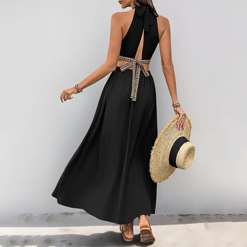 Women's Halter Dress – Midi Fit – Breathable – Waist Cut-Out – Front Knot Detail - Image 2