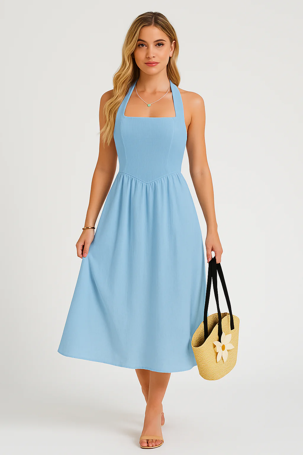 Ladies Halter Dress – Natural Fabrics – Sleeveless A-line – Midi Casual Fit - Image 4