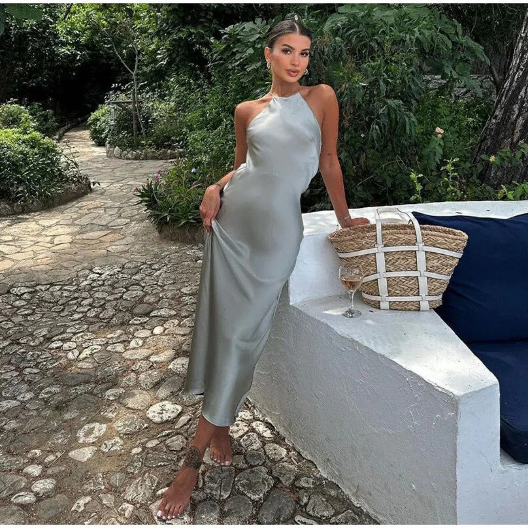 Ladies Halter Dress – Slim Fit – Luxurious Shiny Fabric – Ankle-Length Evening Style - Image 2
