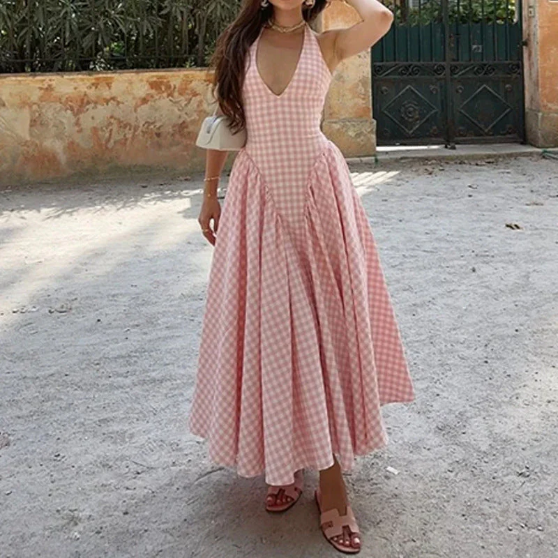 Women's Halter Dress – Slim Fit – A-Line – Checked Pleated Skirt – V-Neck Cotton Blend - Image 2