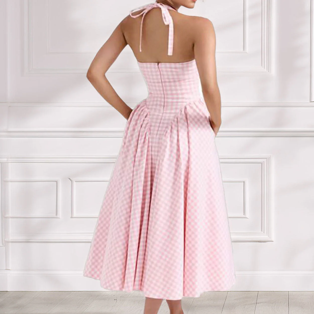 Women's Halter Dress – Slim Fit – A-Line – Checked Pleated Skirt – V-Neck Cotton Blend - Image 3