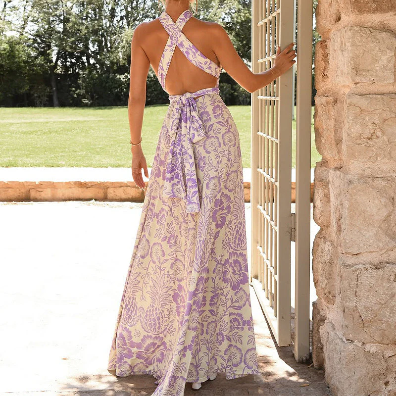 Women's Halter Dress – Full Length – Floral Print – Backless – Elegant Fit - Image 3