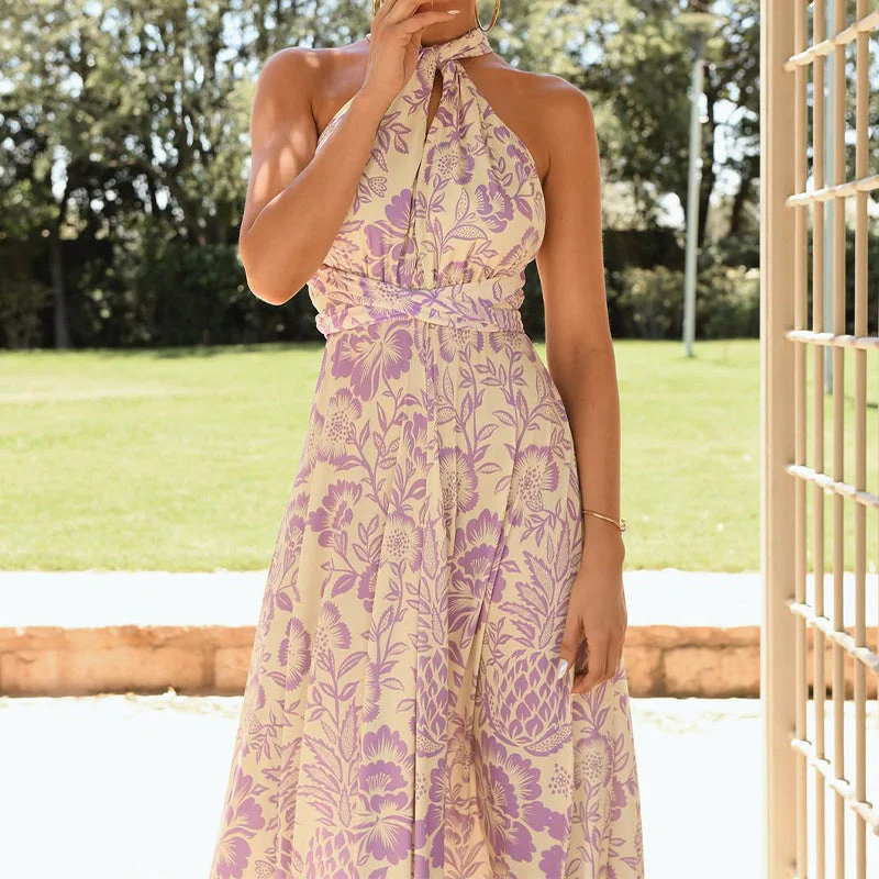 Women's Halter Dress – Full Length – Floral Print – Backless – Elegant Fit - Image 4