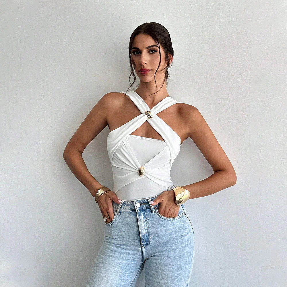 Ladies Halter Top – Slim Fit – Crisscross Straps – Ruched Detail – Cropped Model - Image 5