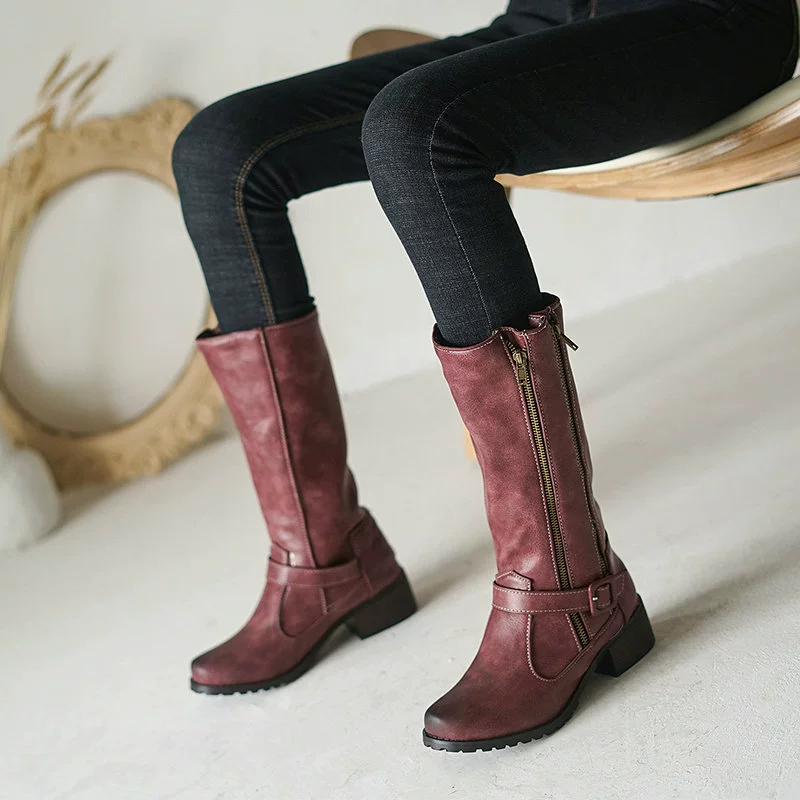 Ladies High Boots – Round Toe – Low Heel – Zipper and Ankle Strap – Leather Look - Image 3